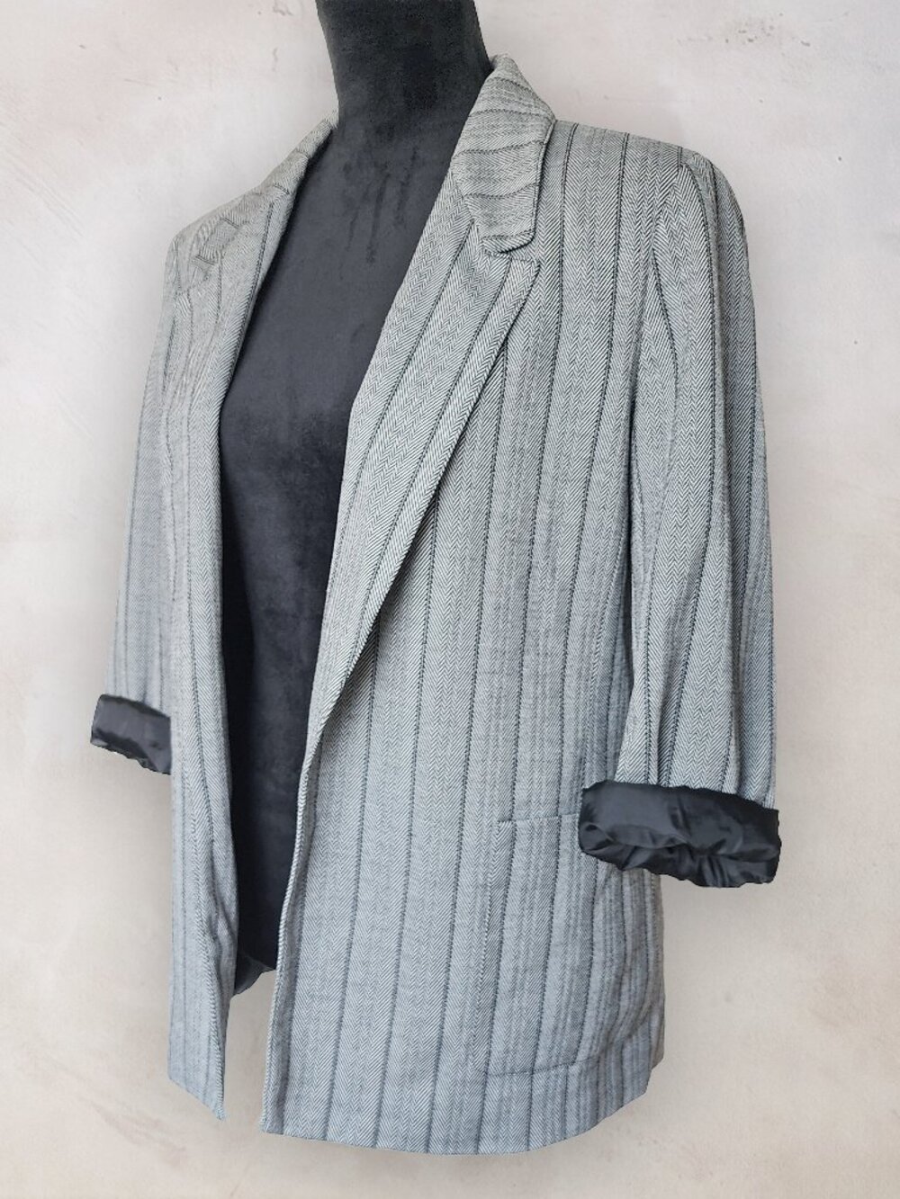 ANNE KLEIN Gray Chevron Herringbone Open Front Blazer Jacket Medium